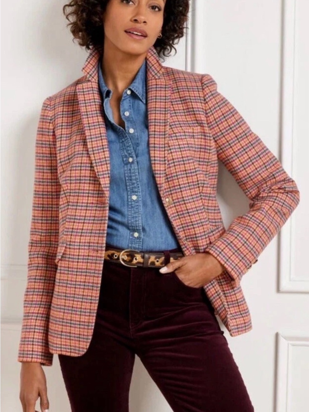Talbots Plus Wool Blend Blazer Shetland Apple Plaid Academia Old Money 22W